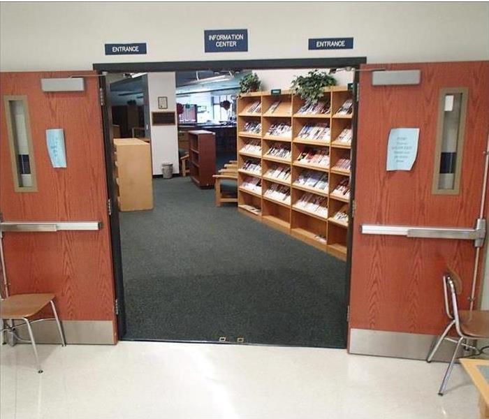 school library with doors open 